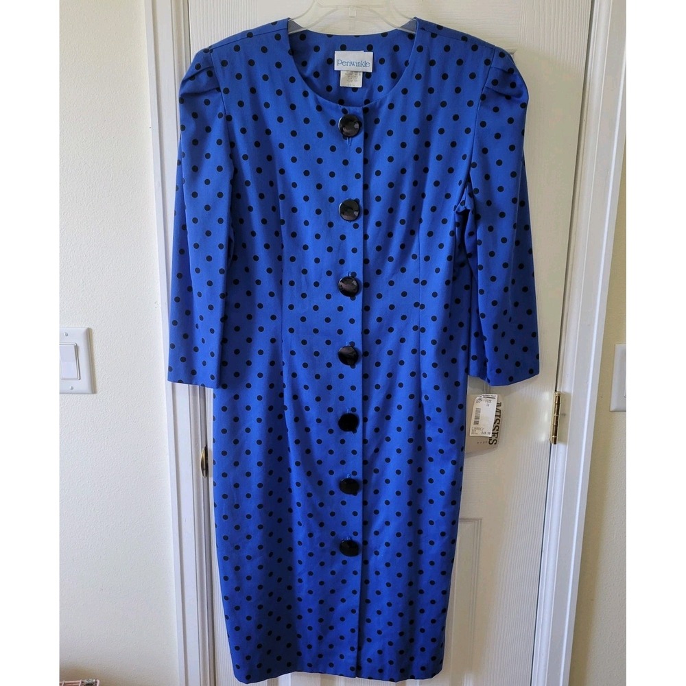Vintage Periwinkle Dress Size 14 Blue Black Polka Dot Chunky Button Front NOS